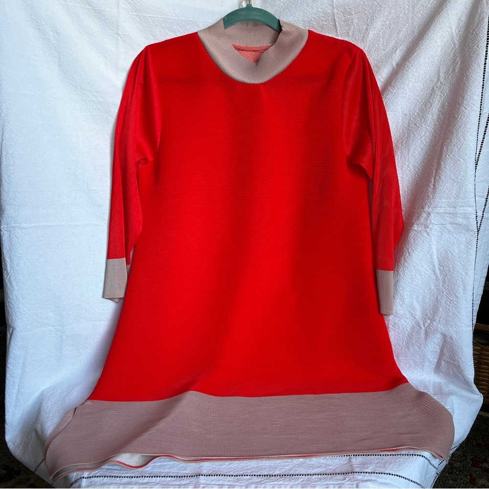 Red and Tan Long Sleeve Dress